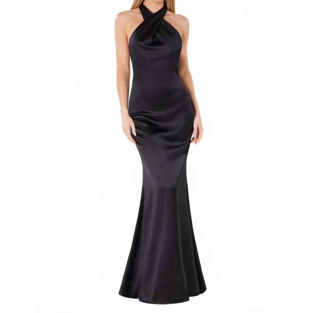 NEW ASTEE cross satin maxi prom dress in black